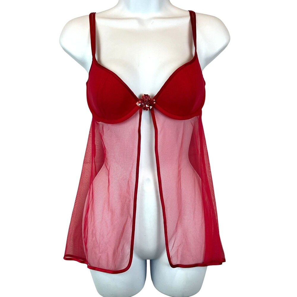 Victoria's Secret Red w Sequin Detail Push-Up Split Front Nightie Top Size 34C